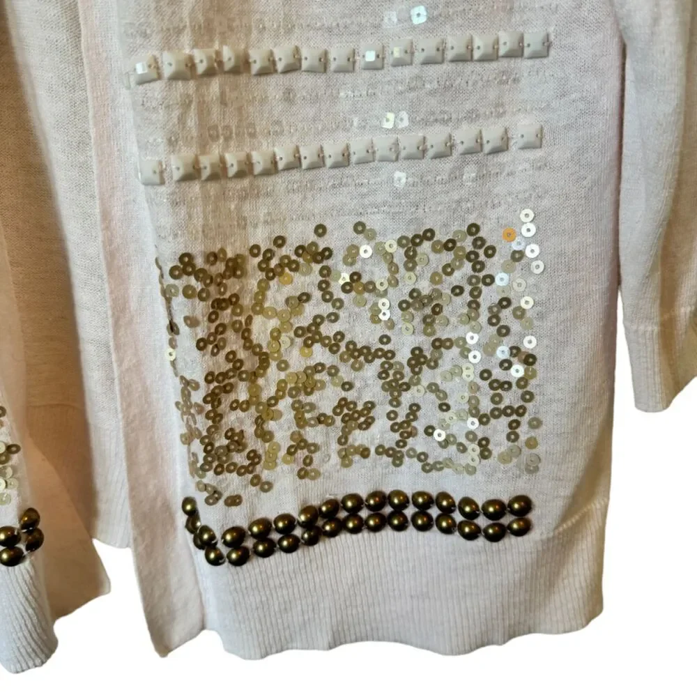CHICO's Long Sleeve Cream Solid w/ Sequin Accents Stand-Up Collar Full Zip Sz 3